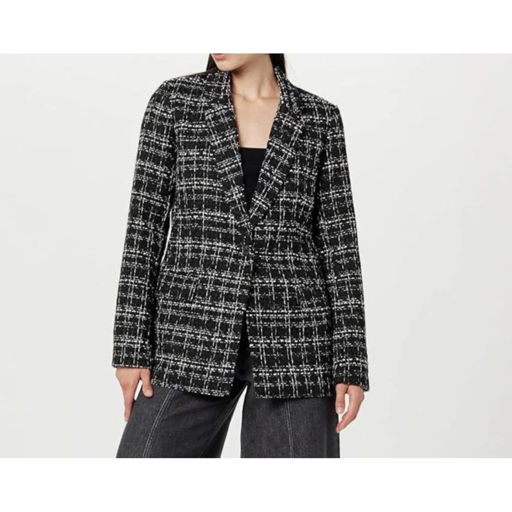 The Drop Blazer Womens Size XS Blake Long Plaid Single Breasted Black Boucle